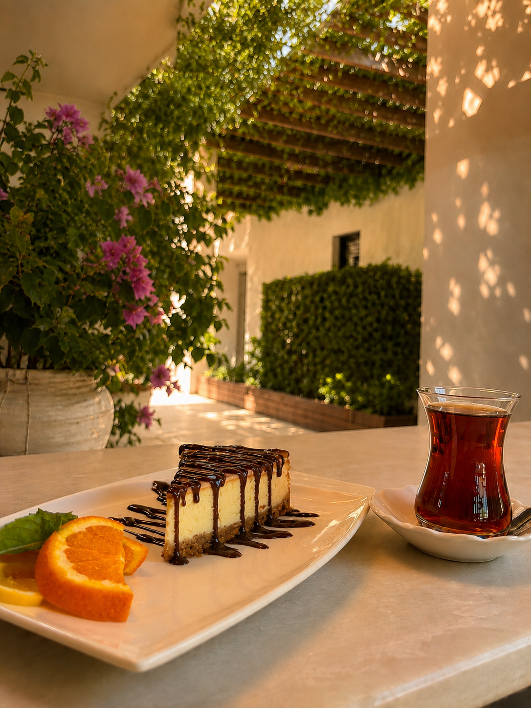 Begonviller yanında servis edilen cheesecake ve çay