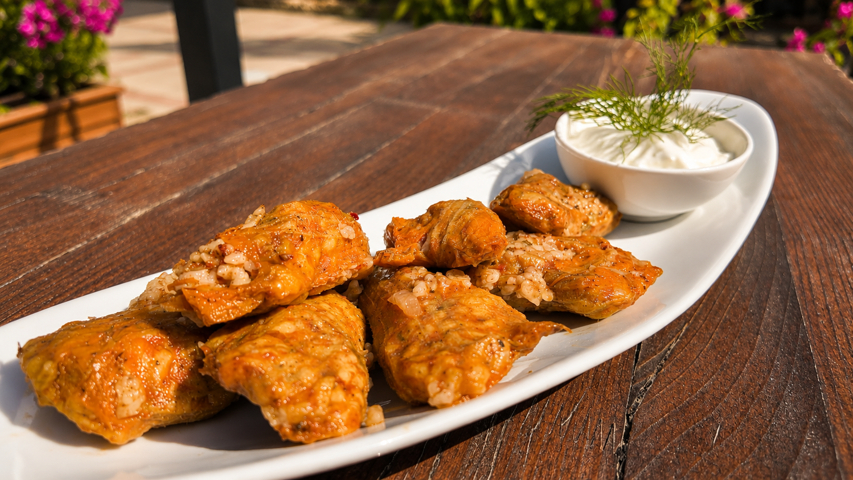 Zeytinyağlı yaprak sarma, yoğurt ve dereotu ile