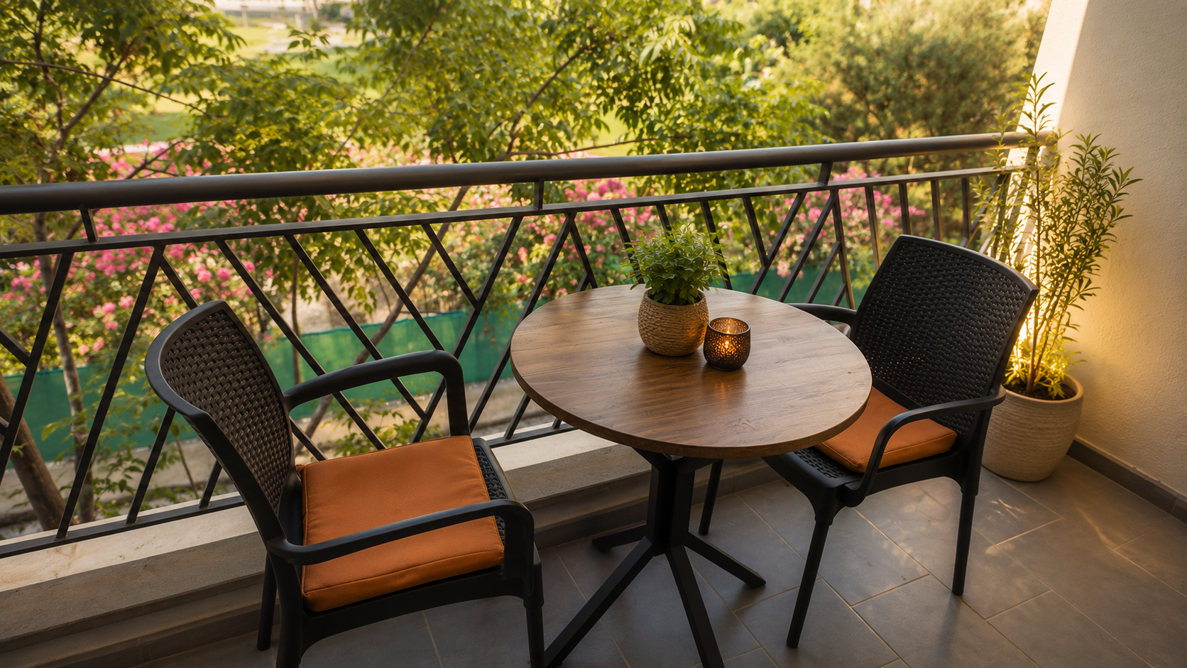 Private Deluxe room balcony with table and two chairs