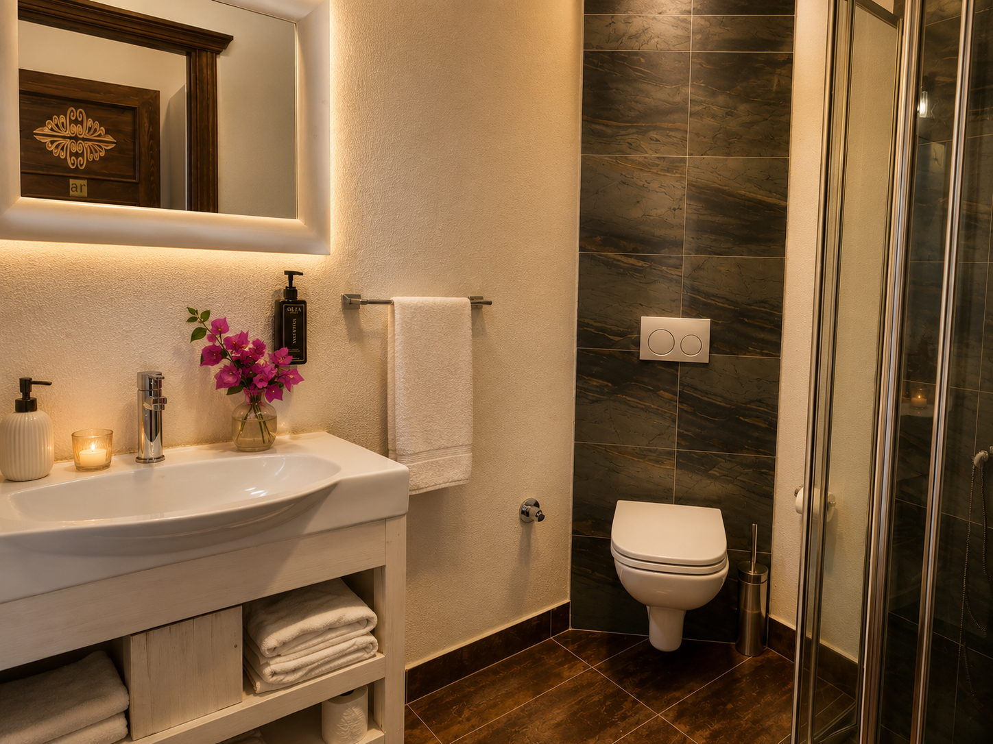 Superior room bathroom with marble shower and vanity