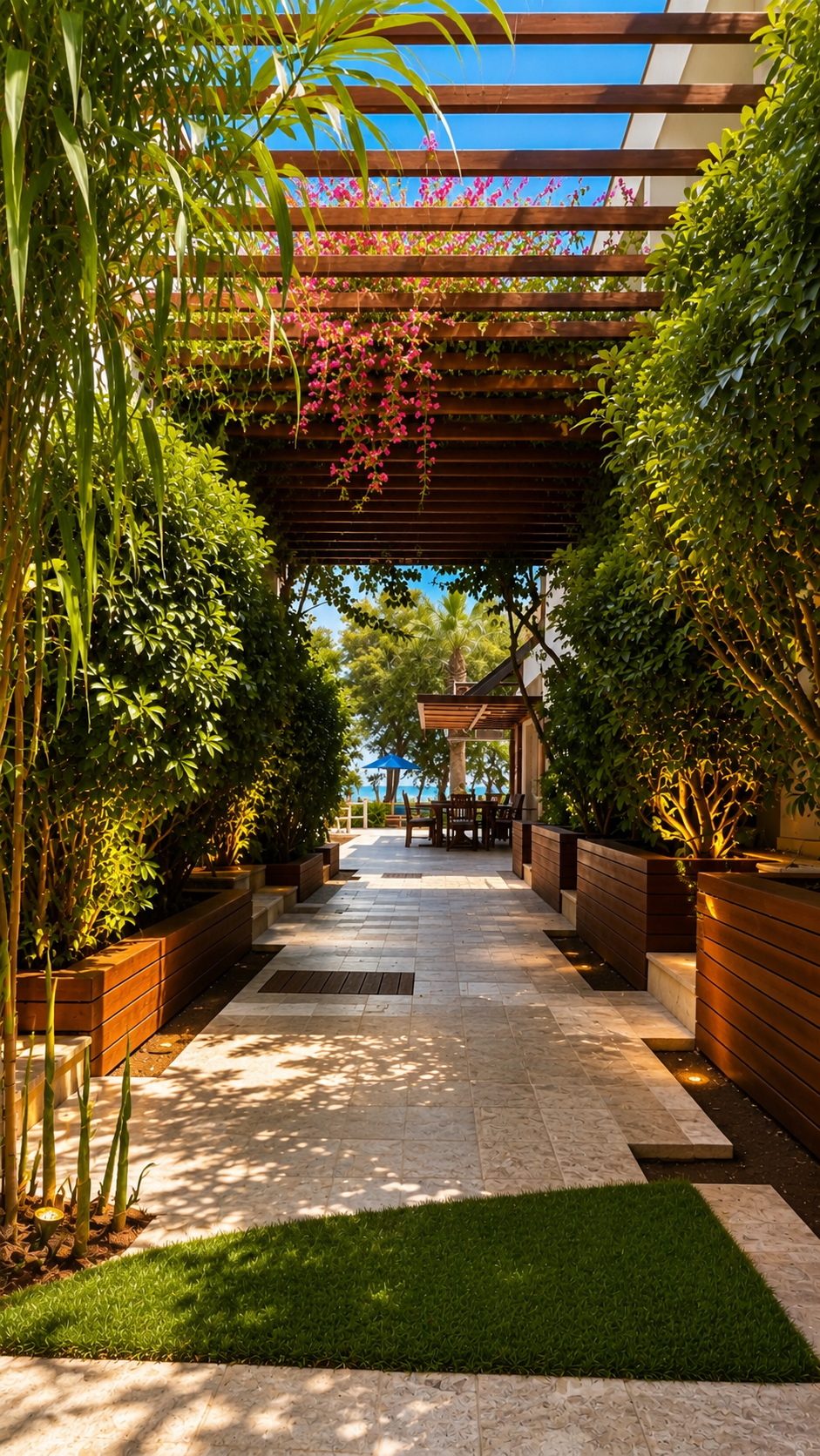 Bougainvillea cascading over a whitewashed courtyard wall in Bodrum